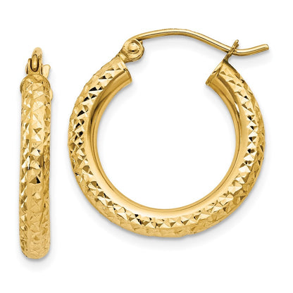 14k Yellow Gold Diamond-cut 3mm Round Hoop Earrings Gift for Women