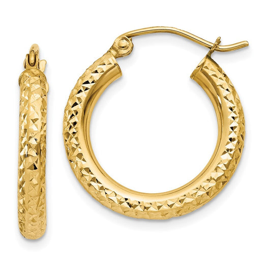 14k Yellow Gold Diamond-cut 3mm Round Hoop Earrings Gift for Women