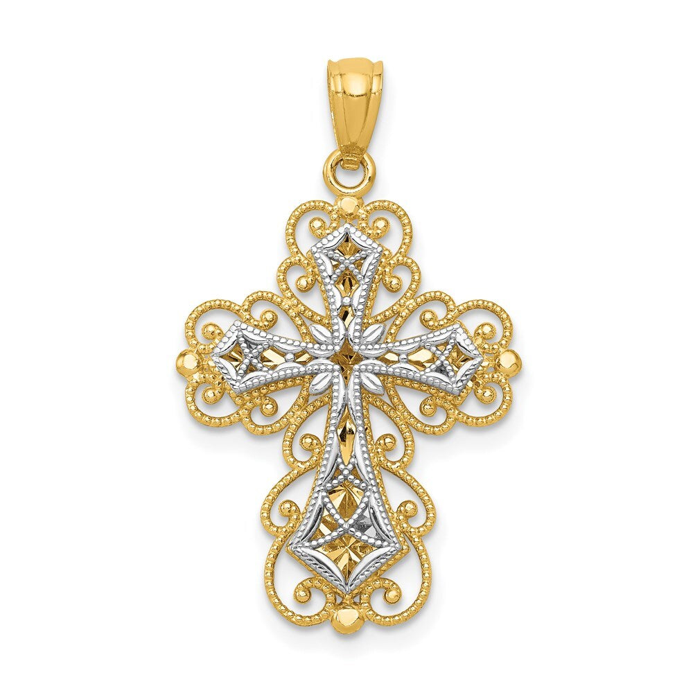 14k Two-tone Gold Gold Polished 2 Level Filigree Cross Pendant