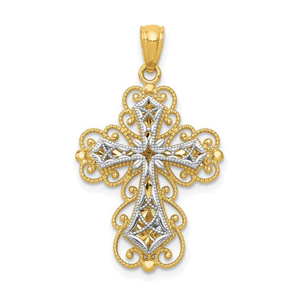 14k Two-tone Gold Gold Polished 2 Level Filigree Cross Pendant