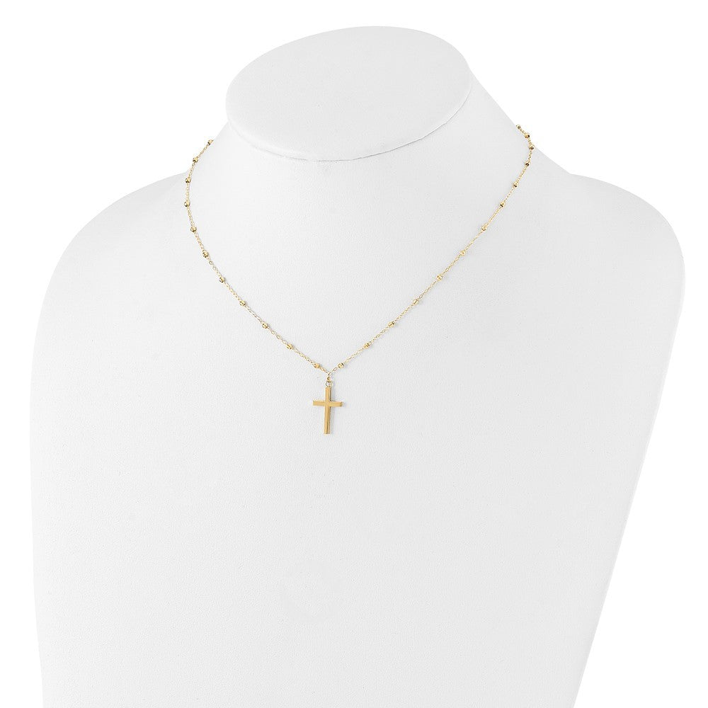 14k Yellow Gold Mirror Beaded Cross Pendant Necklace 16.25" Plus 2" Extender