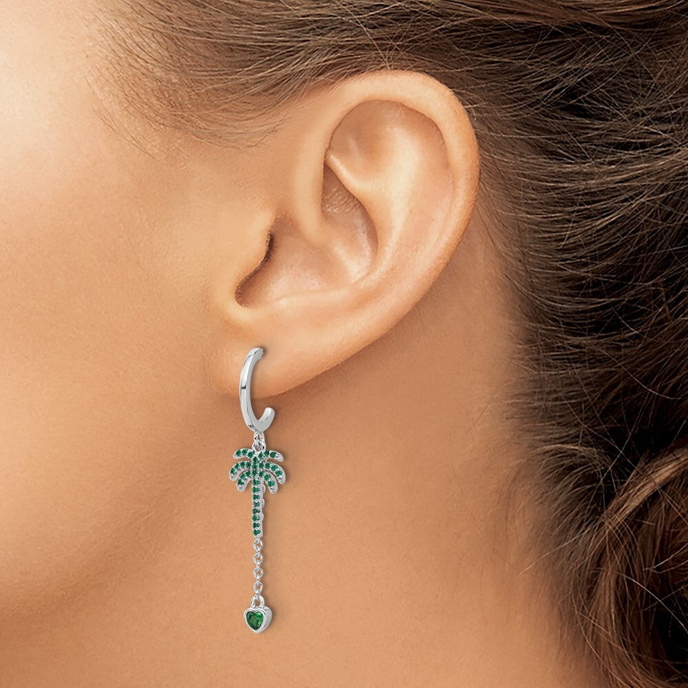 Sterling Silver Green Cubic Zirconia Palm Tree Heart Post Hoop Earrings