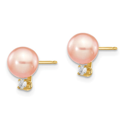 14k Yellow Gold 6-7mm Pink Cultured Pearl & .06 Carat Diamond Stud Earrings