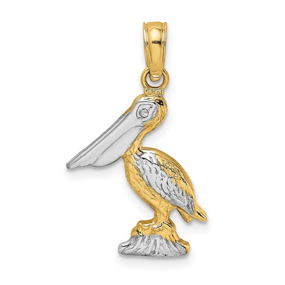 14k Yellow Gold with White Rhodium 3-D Small Standing Pelican Charm Pendant
