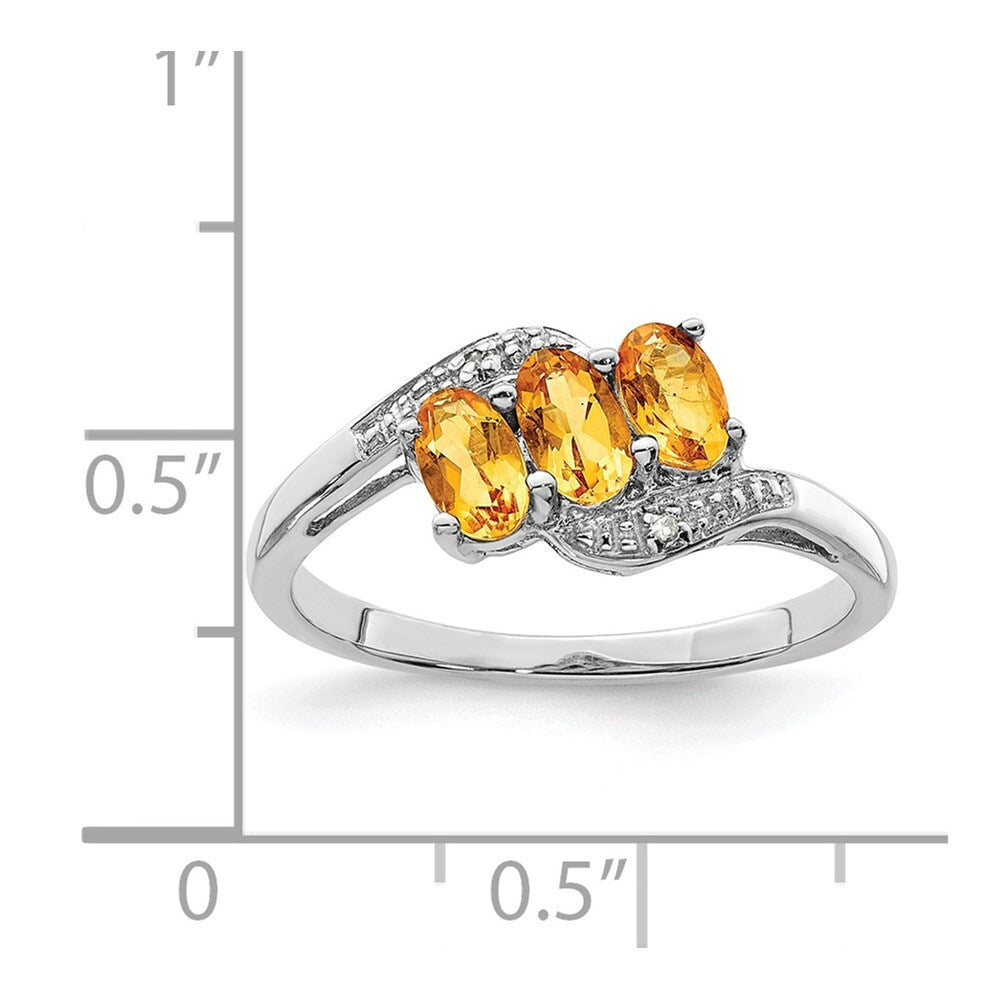 Sterling Silver Rhodium 3 Stone Citrine & Diamond Ring Size 6