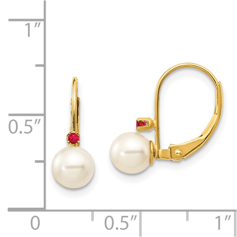 14k Yellow Gold 5-5.5mm White Round FW Cultured Pearl Ruby Leverback Earrings