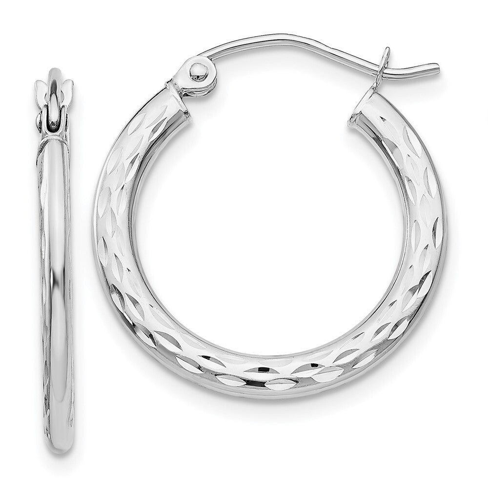 14K White Gold Diamond-cut 2.5x20mm Hollow Hoop Earrings Gift for Women