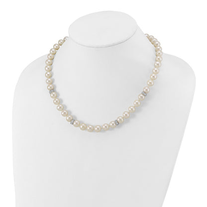 Sterling Silver Rhodium-plated 9-10mm White Cultured Pearl and CZ Necklace 18"
