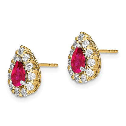 14k Yellow Gold Pear Ruby and Diamond Halo Stud Earrings