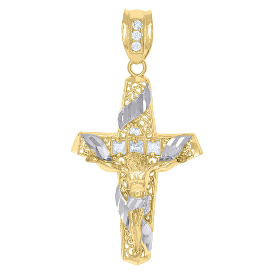 10k Two-Tone Gold Princess Cut Round CZ Crucifix Cross Religious Pendant