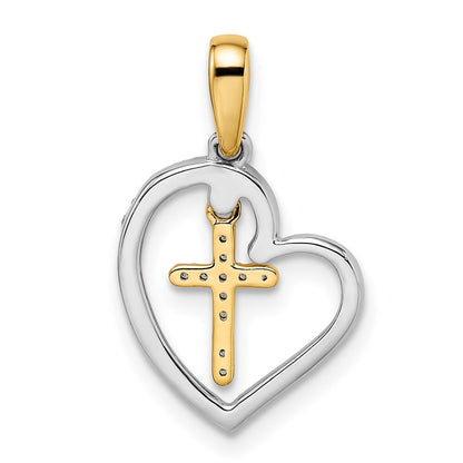 14k Two-tone Gold Heart with Cross Diamond Pendant for Women