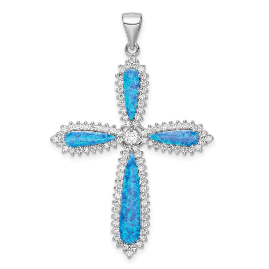 Sterling Silver Blue Created Opal & Cubic Zirconia Border Cross Pendant