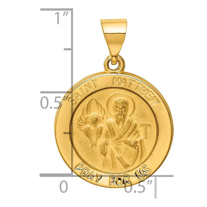 14k Yellow Gold Polished and Satin St Matthew Medal Hollow Pendant for Women