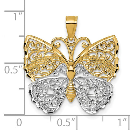 14k Yellow Gold & Rhodium Textured Fancy Butterfly Pendant for Women