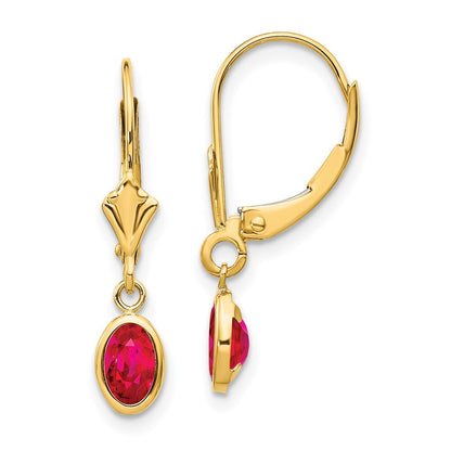 14k Yellow Gold 6x4 Oval Bezel July/Ruby Dangle Earrings Leverback