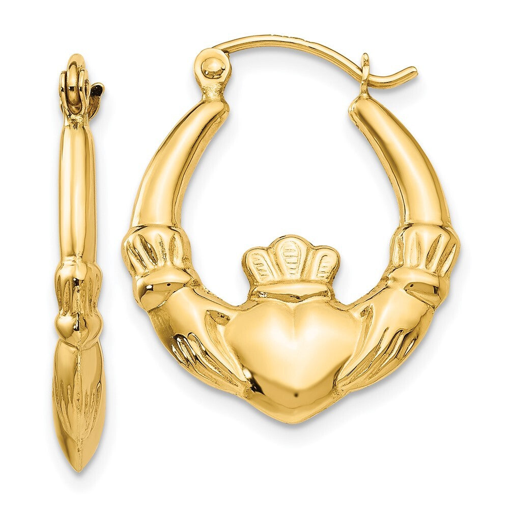 14k Yellow Gold Polished Claddagh Hoop Earrings Gift for Women