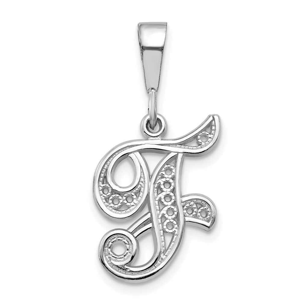 14k White Gold Solid Polished Script Filigree Letter F Initial Pendant for Women