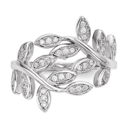 Sterling Silver Rhodium-plated Leaf Cubic Zirconia Ring Size 6