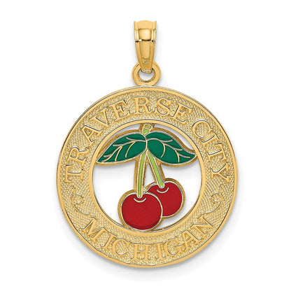 14k Yellow Gold TRAVERSE CITY MI Enamel Cherry Charm Pendant for Women
