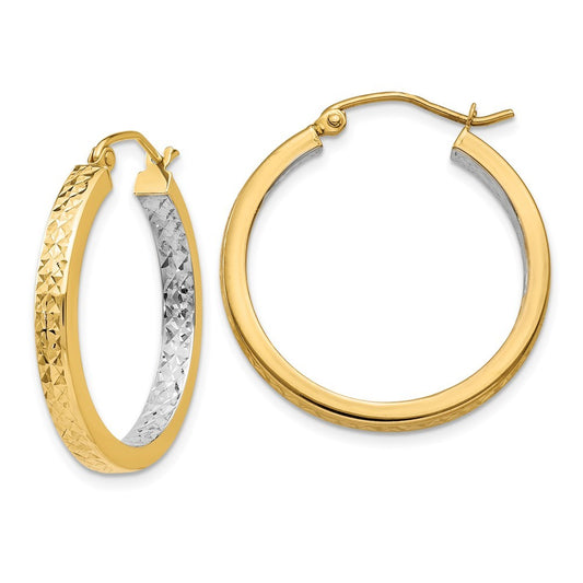 14k Yellow Gold White Rhodium Light Square Diamond Cut Hoop Earrings