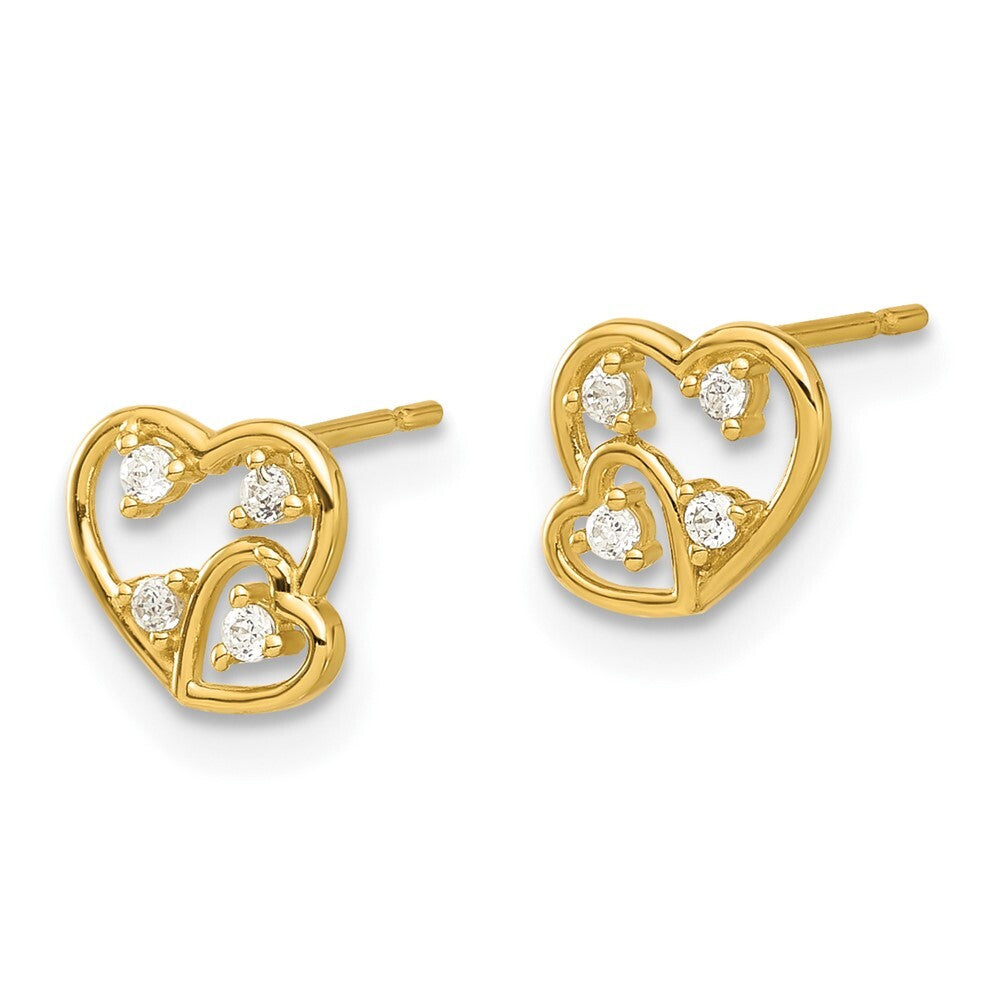 14k Yellow Gold Polished Cubic Zirconia Hearts Stud Earrings Gift for Women