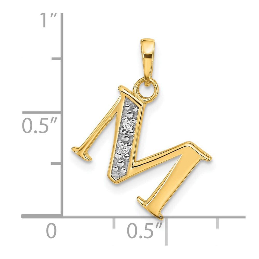 14k Yellow Gold with Rhodium Diamond Letter M Initial Pendant for Women