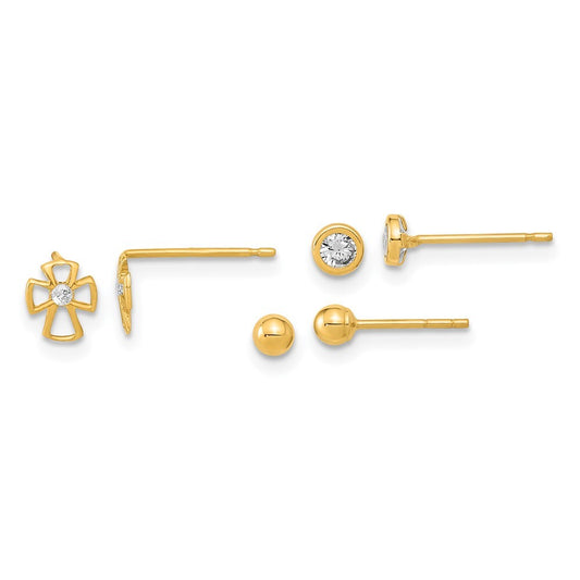 14k Gold Polished Set of Ball Cross & Cubic Zirconia Stud Earrings 3 Pair Set