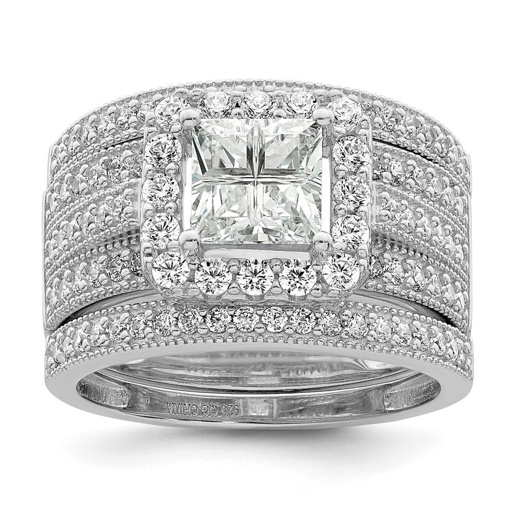 Sterling Silver Rhodium plated CZ 3 piece Bridal Ring Set Size 7