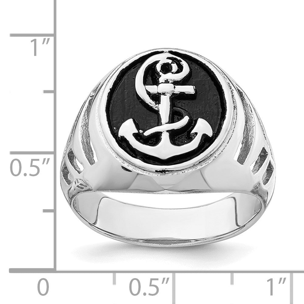 Sterling Silver Rhodium-plated & Antiqued Plated Anchor Ring Size 10