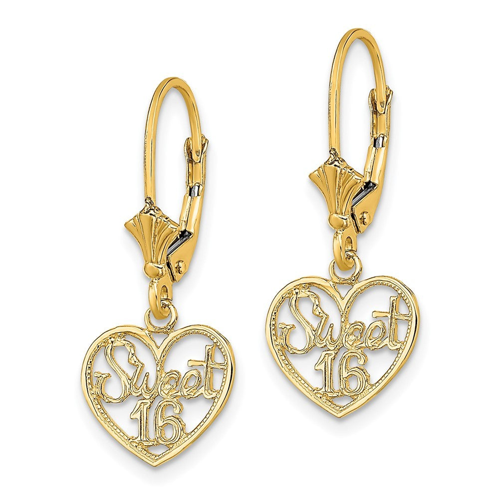 14k Yellow Gold Polished SWEET 16 in Heart Drop Dangle Earrings