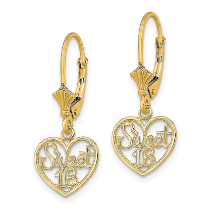 14k Yellow Gold Polished SWEET 16 in Heart Drop Dangle Earrings
