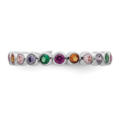 Sterling Silver Rhodium-plated Polished Multi-Color CZ Band Ring Size 8