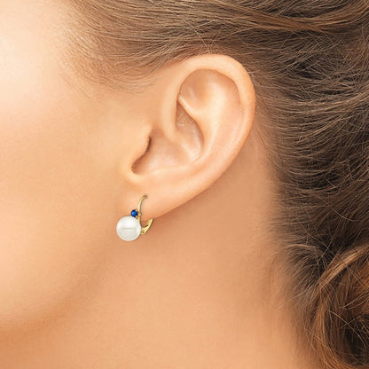 14k Yellow Gold 8-8.5mm Freshwater Cultured Pearl & Sapphire Leverback Earrings
