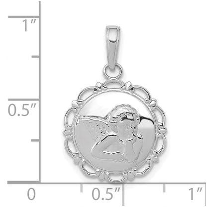 14k White Gold Polished Angel/Cherub on Round Scallop Frame Pendant for Women