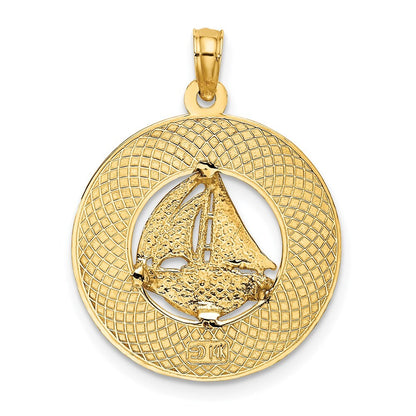 14k Yellow Gold SANIBEL Sailboat Circle Charm Pendant for Women