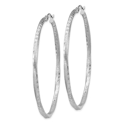 Sterling Silver RH-plated Satin Diamond-cut 2.5x55mm Twisted Hoop Earrings