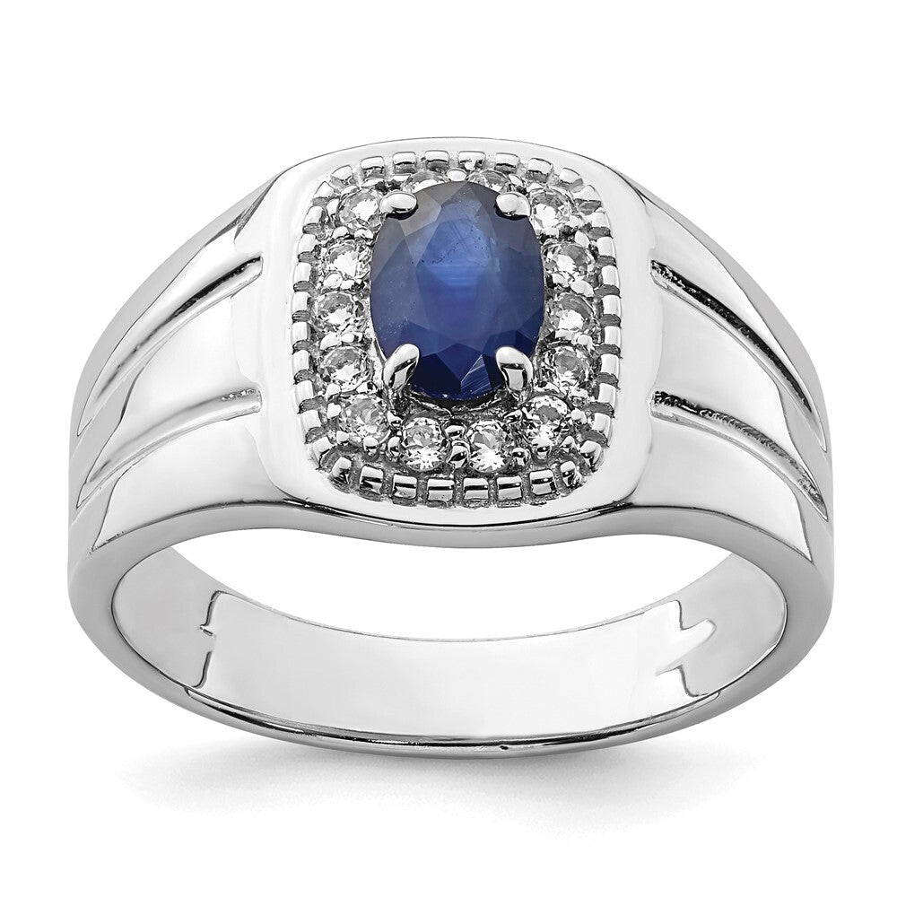 Sterling Silver Rhod-plated Men's Blue Sapphire and White Topaz Ring Size 9