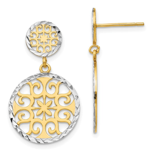 14k Yellow Gold & Rhodium Diamond-Cut Circles Dangle Earrings