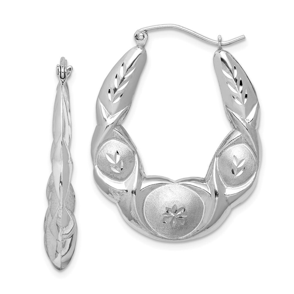 Sterling Silver Rhod-plated Satin & Diamond-cut Scalloped Oval Hoop Earrings
