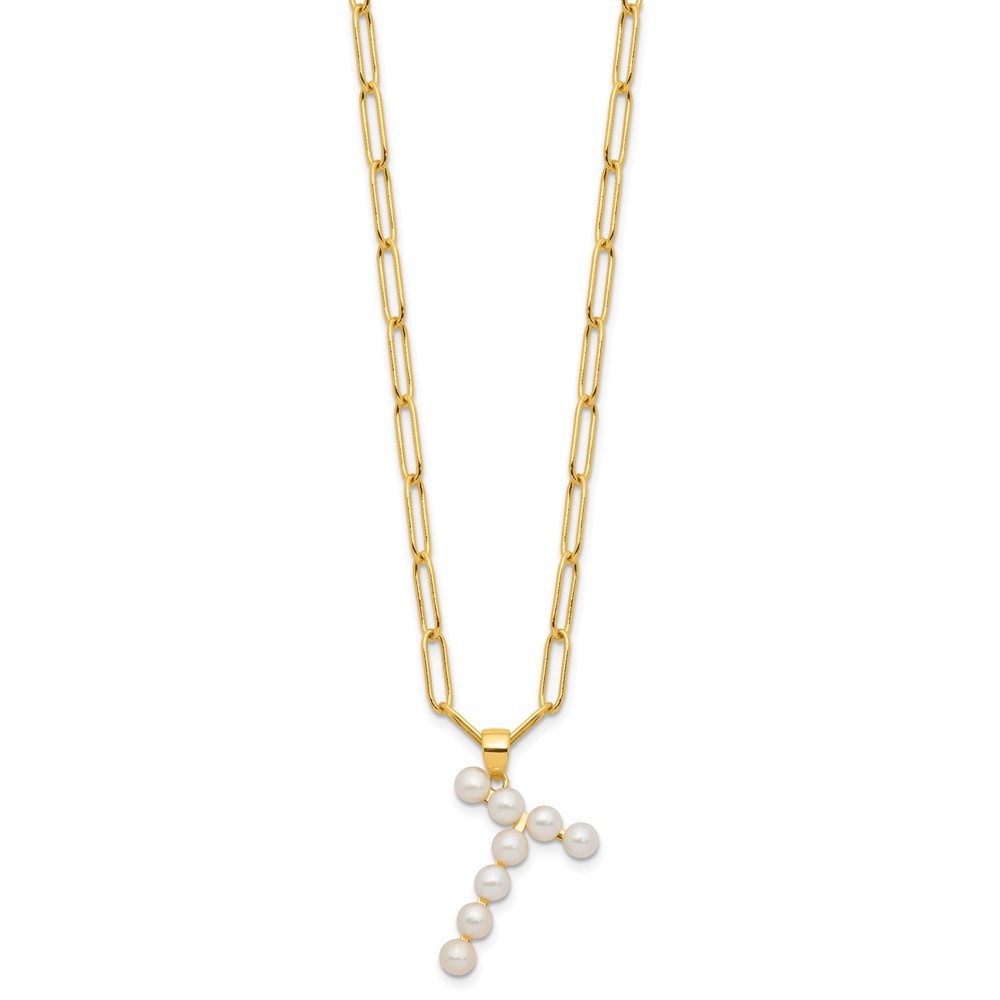 Sterling Silver 3-5.5mm White Button Cultured Pearl LETTER T Necklace 18"