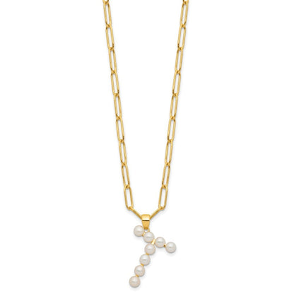 Sterling Silver 3-5.5mm White Button Cultured Pearl LETTER T Necklace 18"