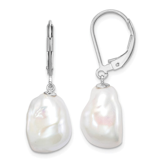 Sterling Silver 11-12mm Keshi Cultured Pearl Leverback Dangle Earrings