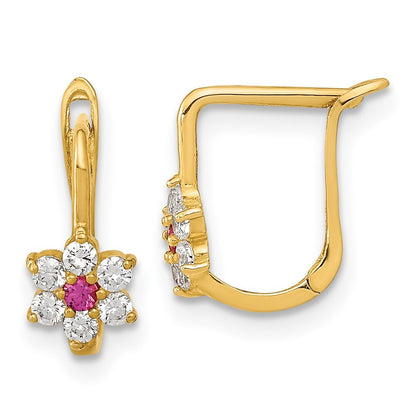 14k Yellow Gold Polished Red and White Cubic Zirconia Flower Hoop Earrings