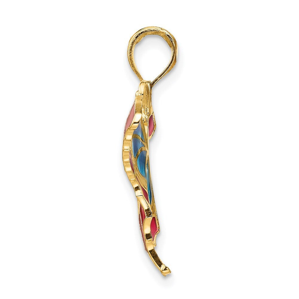 14k Yellow Gold Blue and Red Enameled Butterfly Pendant for Women