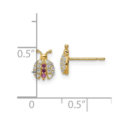 14k Yellow Gold Clear & Red Cubic Zirconia Lady Bug Stud Earrings