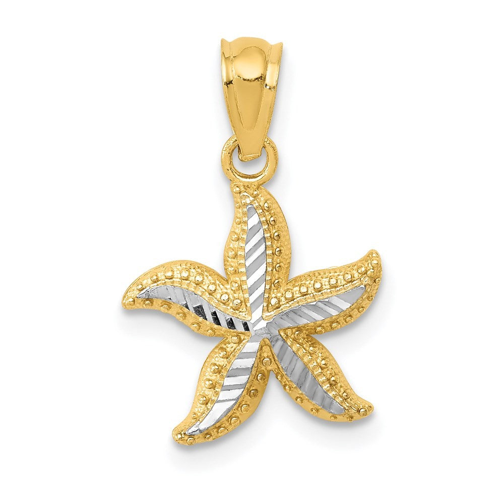 14k Yellow Gold with White Rhodium Diamond-cut Starfish Pendant