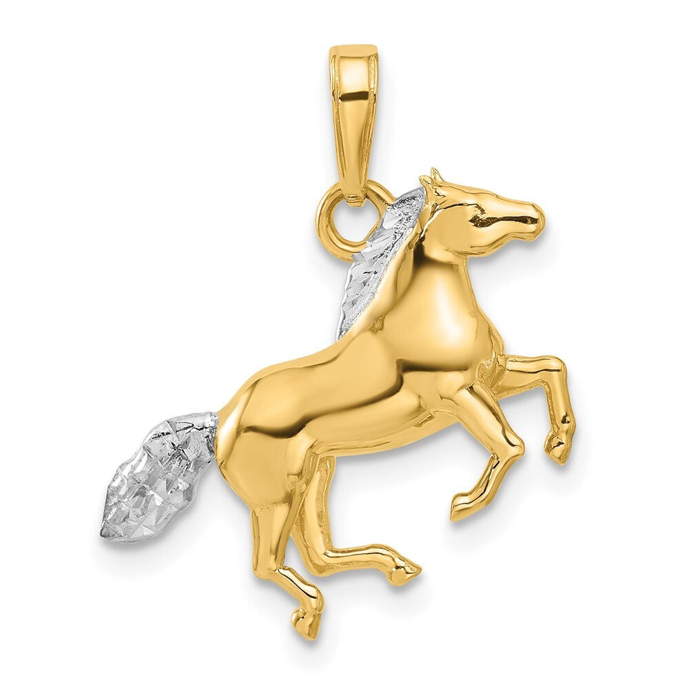 14k Yellow Gold and White Rhodium Diamond-Cut 3D Horse Pendant for Women