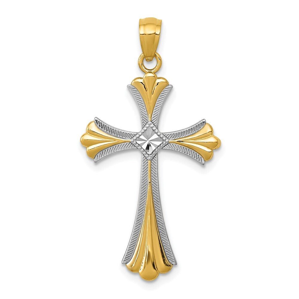 14k Yellow Gold Diamond-Cut Rhodium Budded Cross Pendant