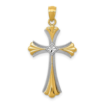 14k Yellow Gold Diamond-Cut Rhodium Budded Cross Pendant