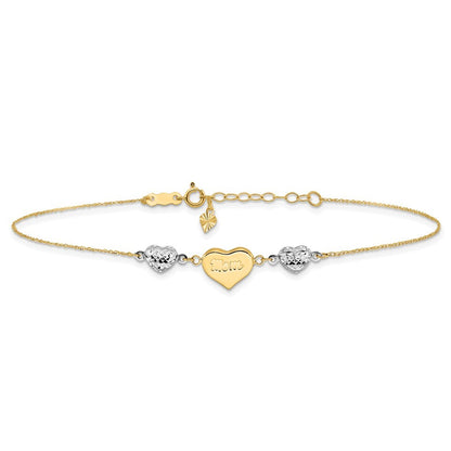 14K Two-tone Diamond-cut and MOM Puffed Heart 10" Anklet